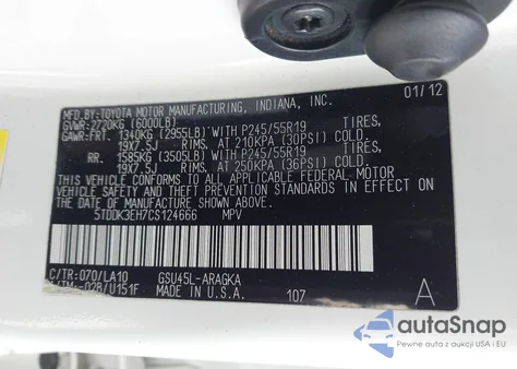 2012 Toyota Highlander Limited V6 z USA, uszkodzony, nr VIN 5TDDK3EH7CS124666